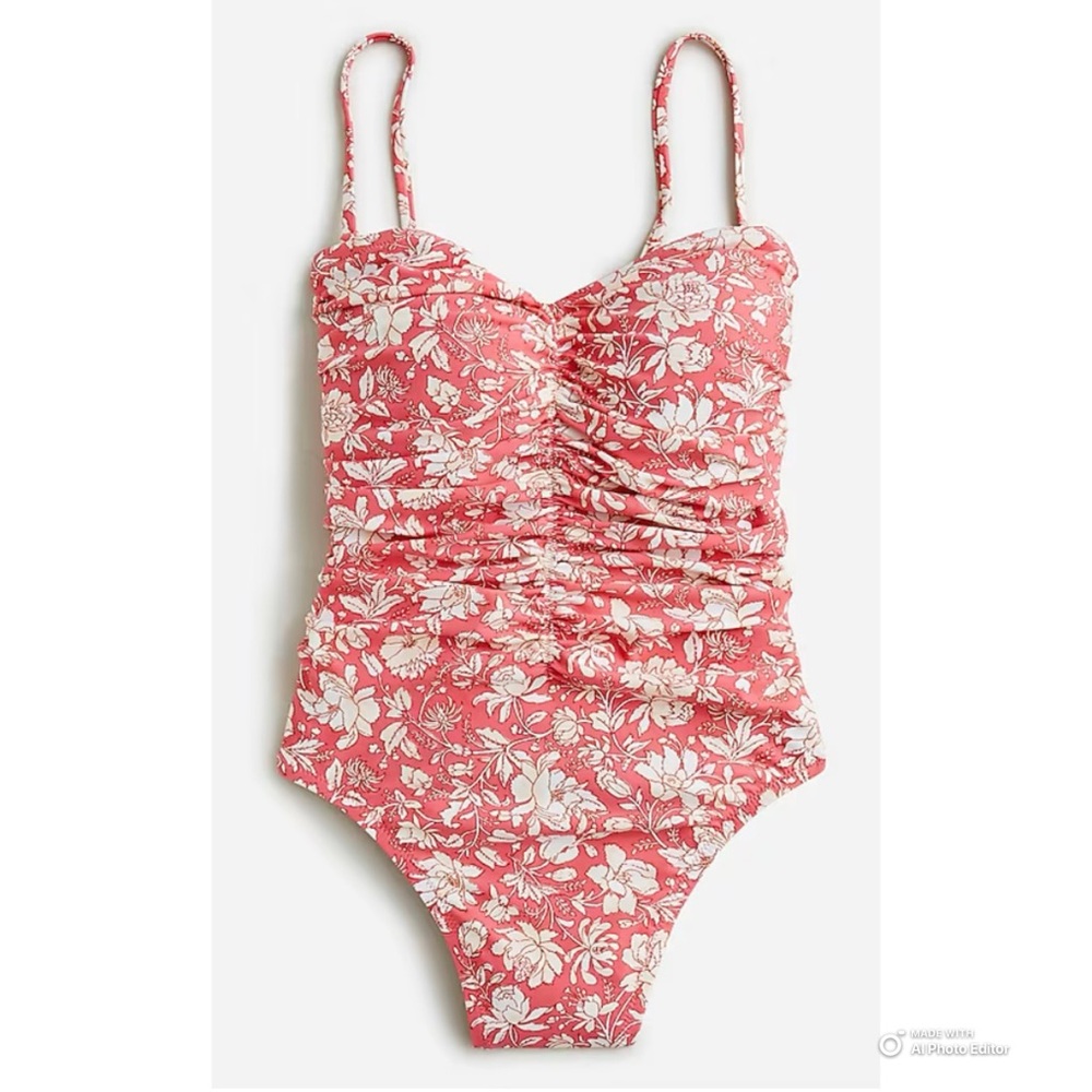 J Crew Size 24 Pink Floral Ruched Sweetheart One-Piece Swimsuit NWT Swimwear